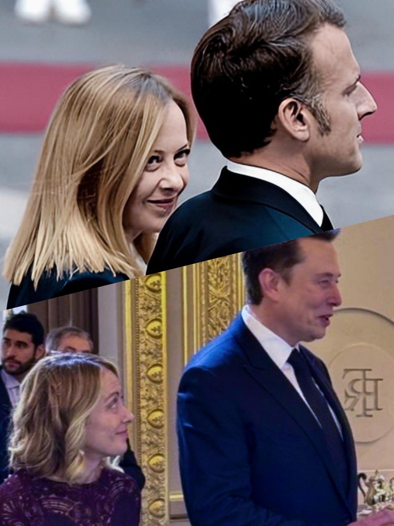 梅洛尼看向马克龙和马斯克时，眼神是不是明显不一样啊？
梅洛尼看向马克龙和马斯克微