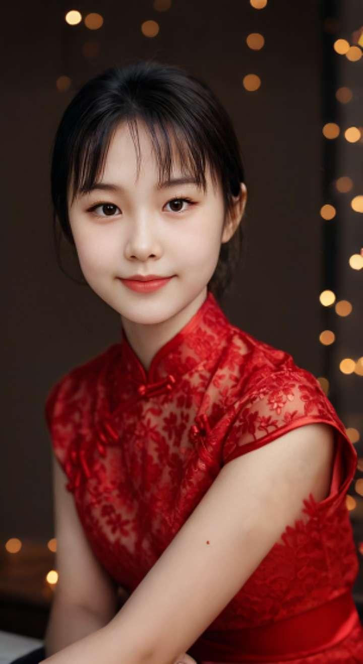 AI扩图 AI红裙浅笑