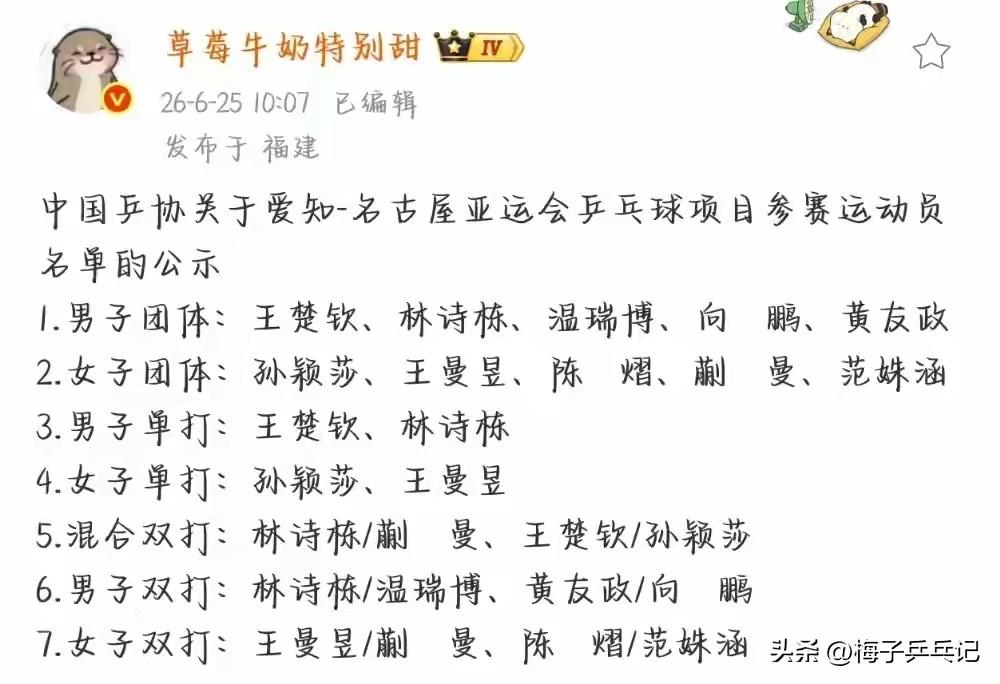 中国乒协公布2026名古屋亚运会参赛运动员名单
混双名单又看到了莎头组合
这是意