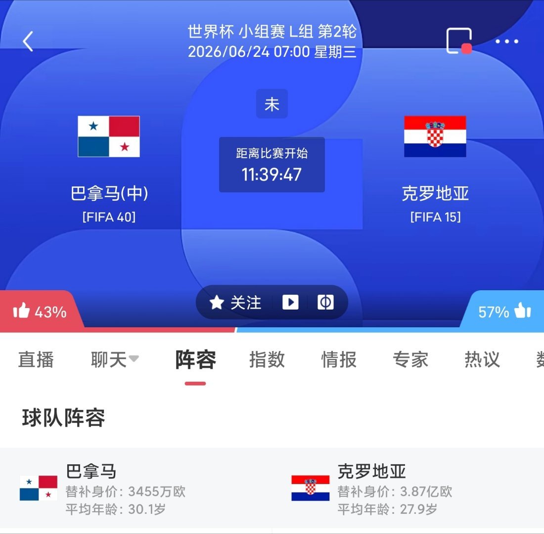 周二047 巴拿马VS克罗地亚更多足球计划臻选开赛时间：06-24 07:00身