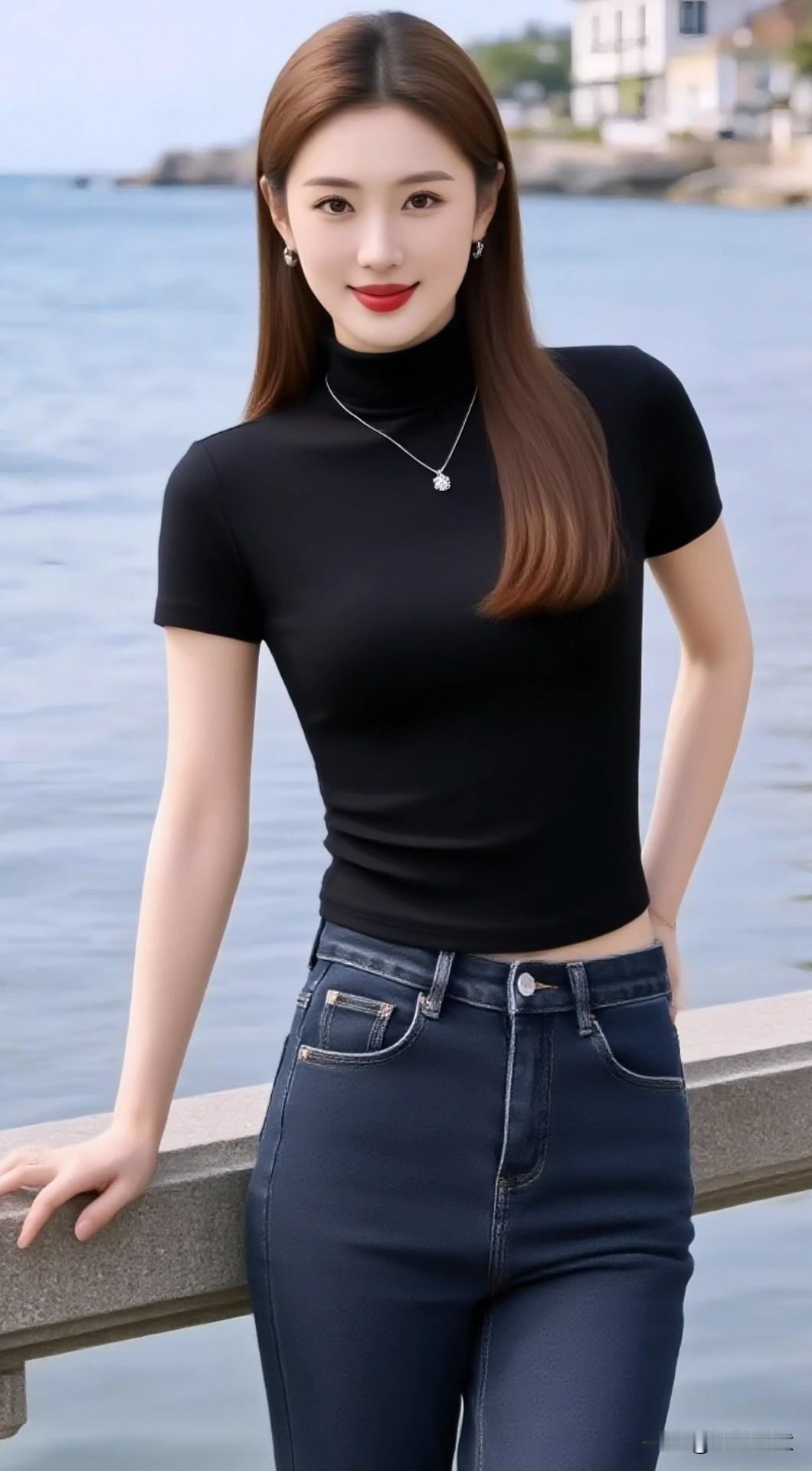 给大家介绍一套简约黑T+高腰牛仔裤，这可是永远不会出错的日常穿搭公式✨。高领短袖