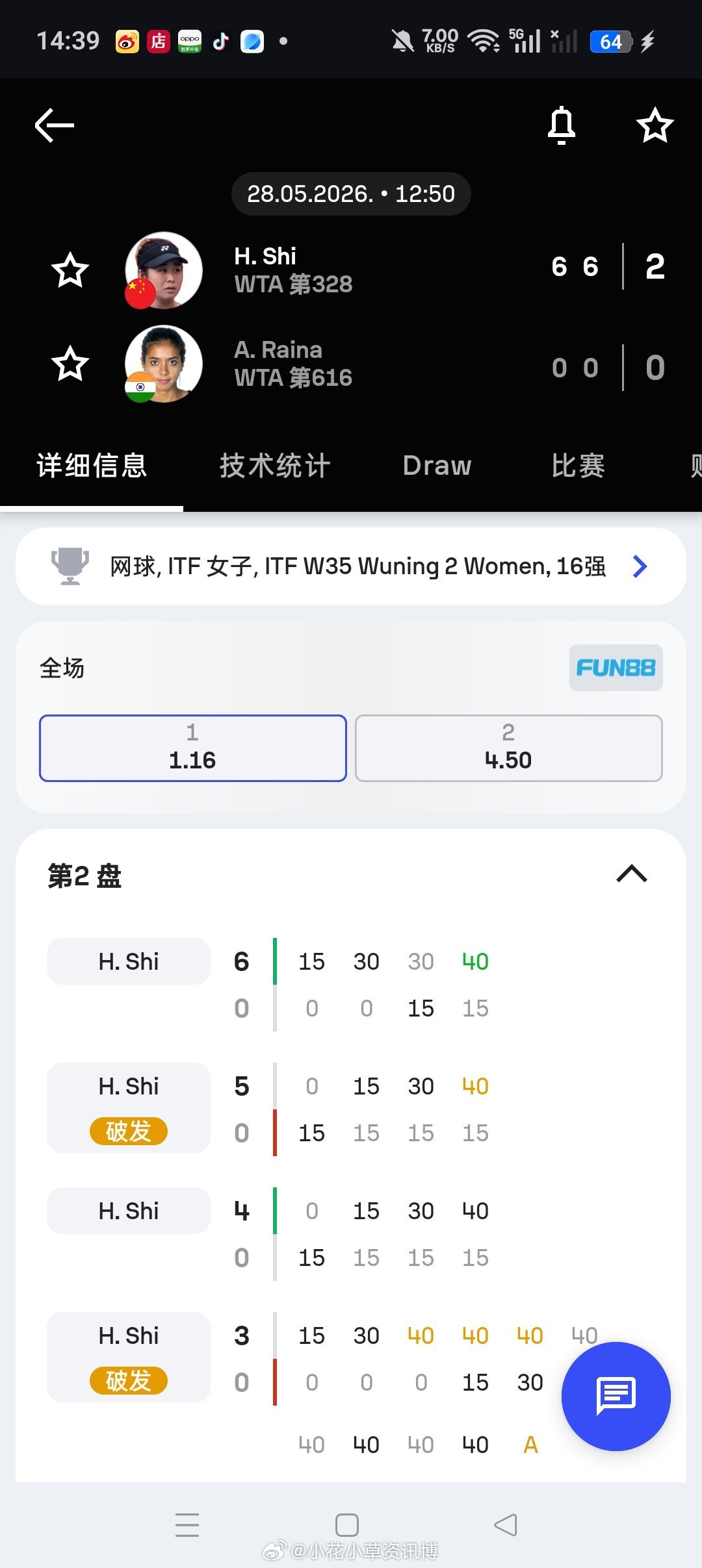 小花小草资讯 【🇨🇳武宁W35】女单第第二轮🇨🇳4号种子施晗6-0/6-