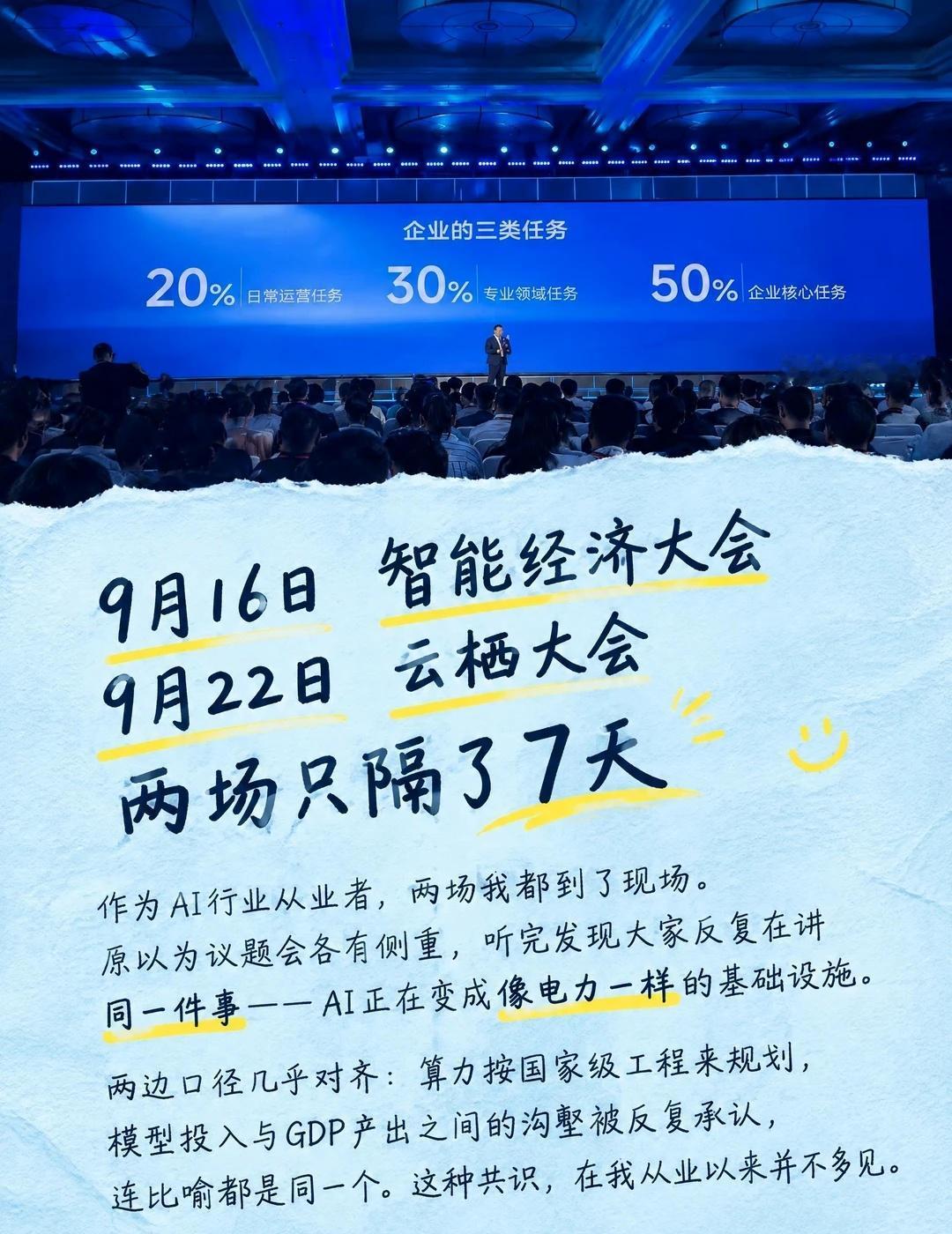 7天两场大会，都在讲同一件事
9月16日智能经济大会，9月22日云栖大会，两场只