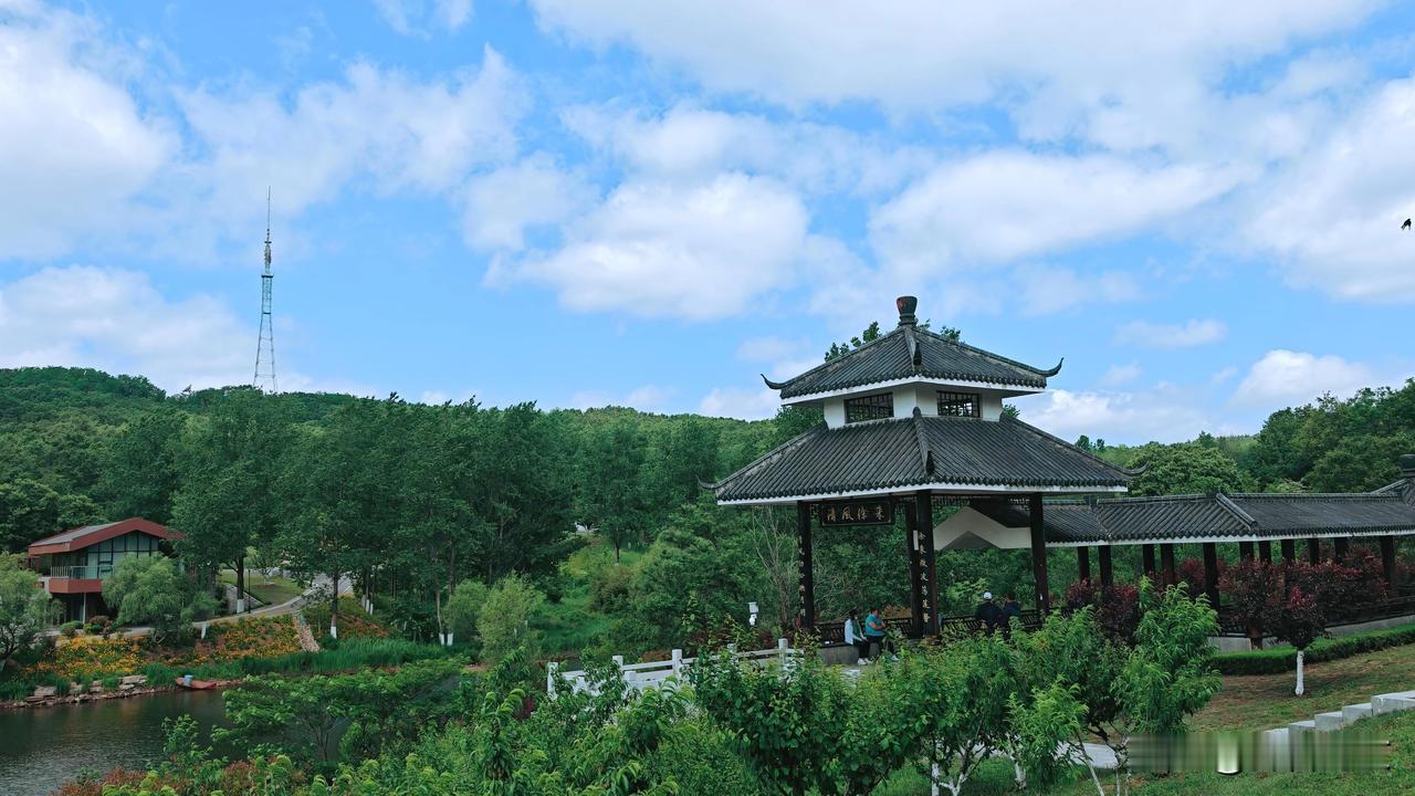 峰山森林公园里池水边的“青风徐来”亭