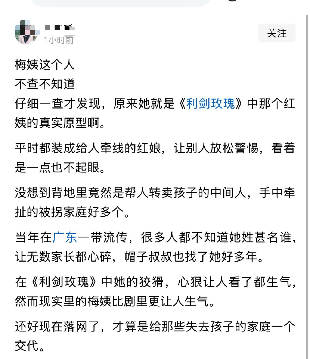 梅姨这个人不查不知道仔细一查才发现，原来她就是《利剑玫瑰》中那个红姨的真实原型啊
