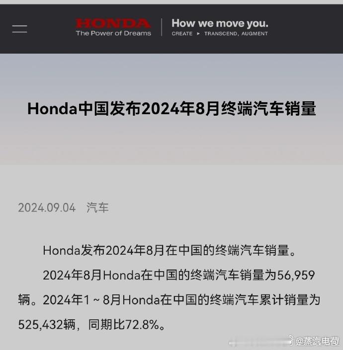 本田中国公布2024年8月及1-8月终端汽车销量。根据官方数据显示，8月本田在中