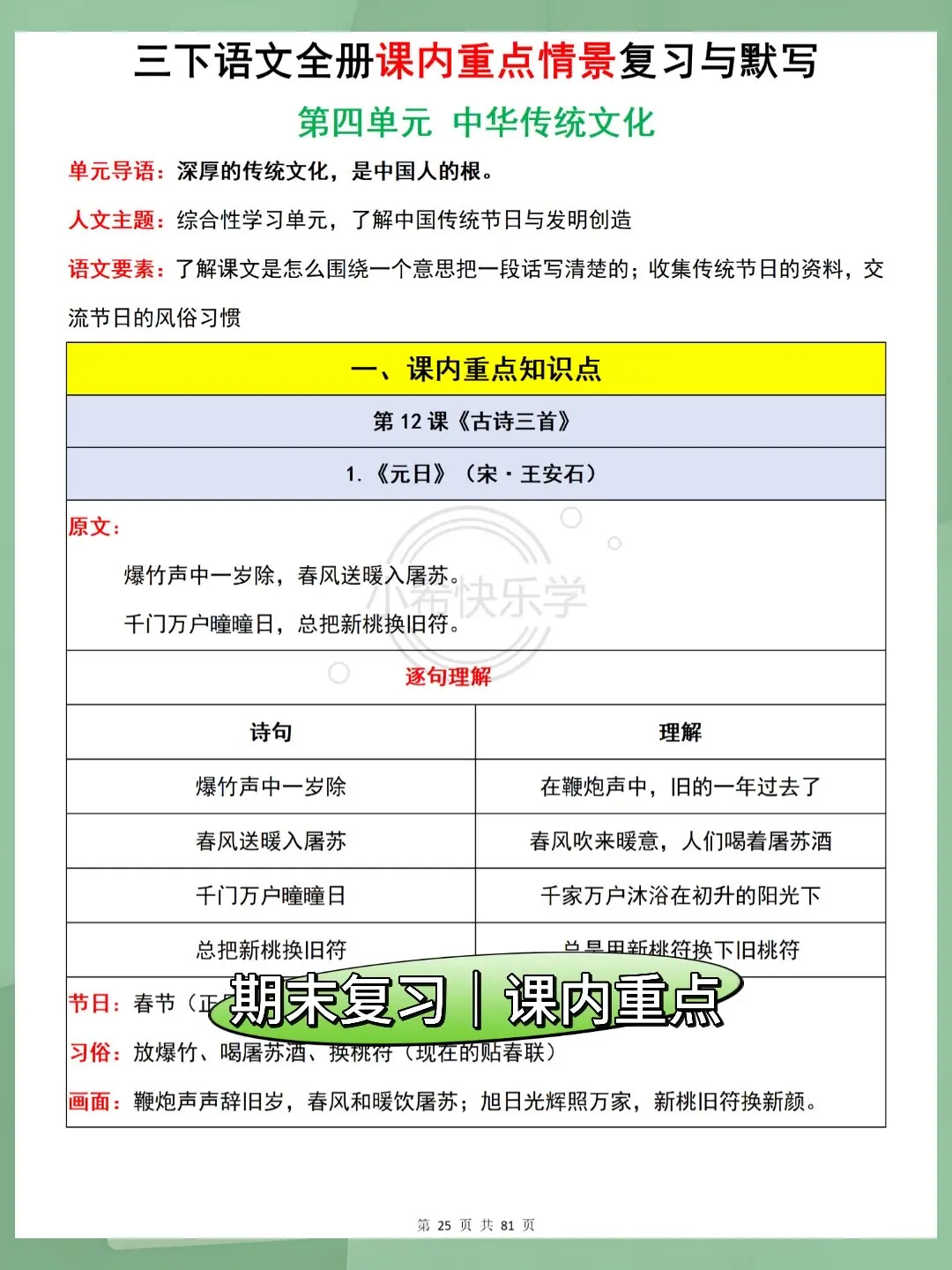 三年级下册语文课内重点期末复习直接用💯。三年级下册语文1-8单元要背...