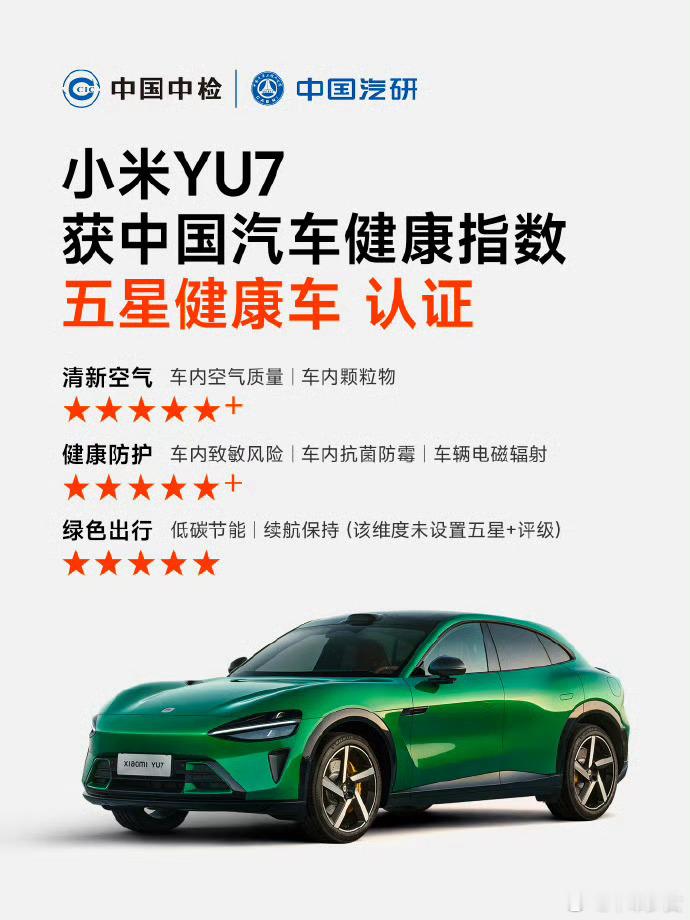 小米YU7拿下「五星健康车」，说实话一点不意外。在中国汽车健康指数（C-AHI）