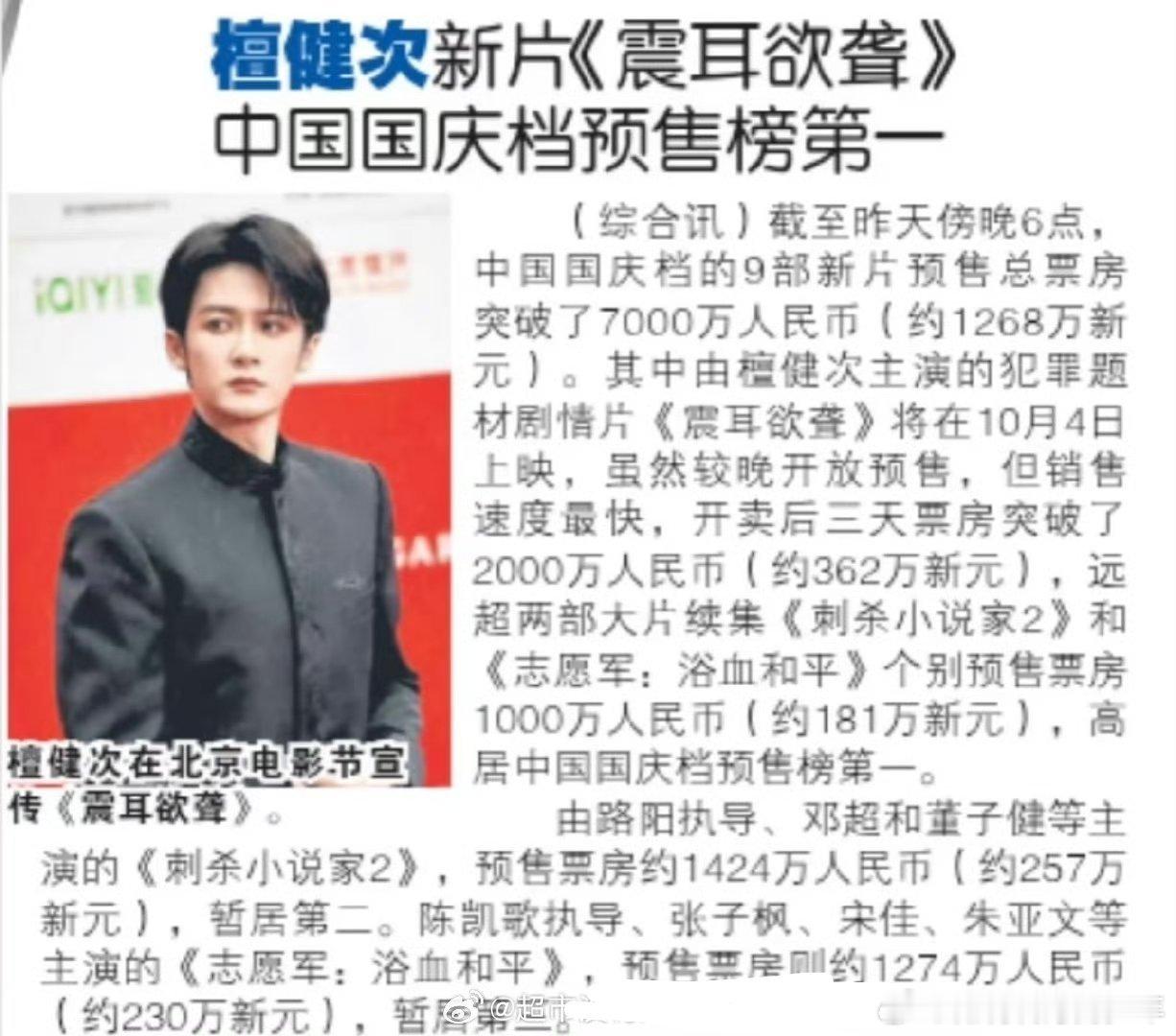 檀健次《震耳欲聋》上新加坡报纸了！2025国庆档票房预售榜第1️⃣ ​​​[赞]