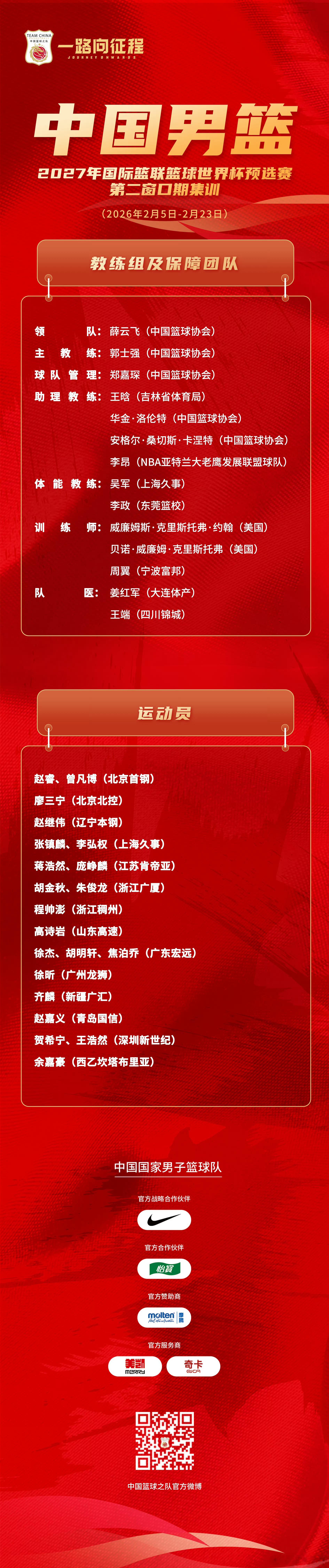 中国男篮后卫竞争激烈胡明轩面临考验文/宋翔2月3日晚，中国男篮公布了最新21人集