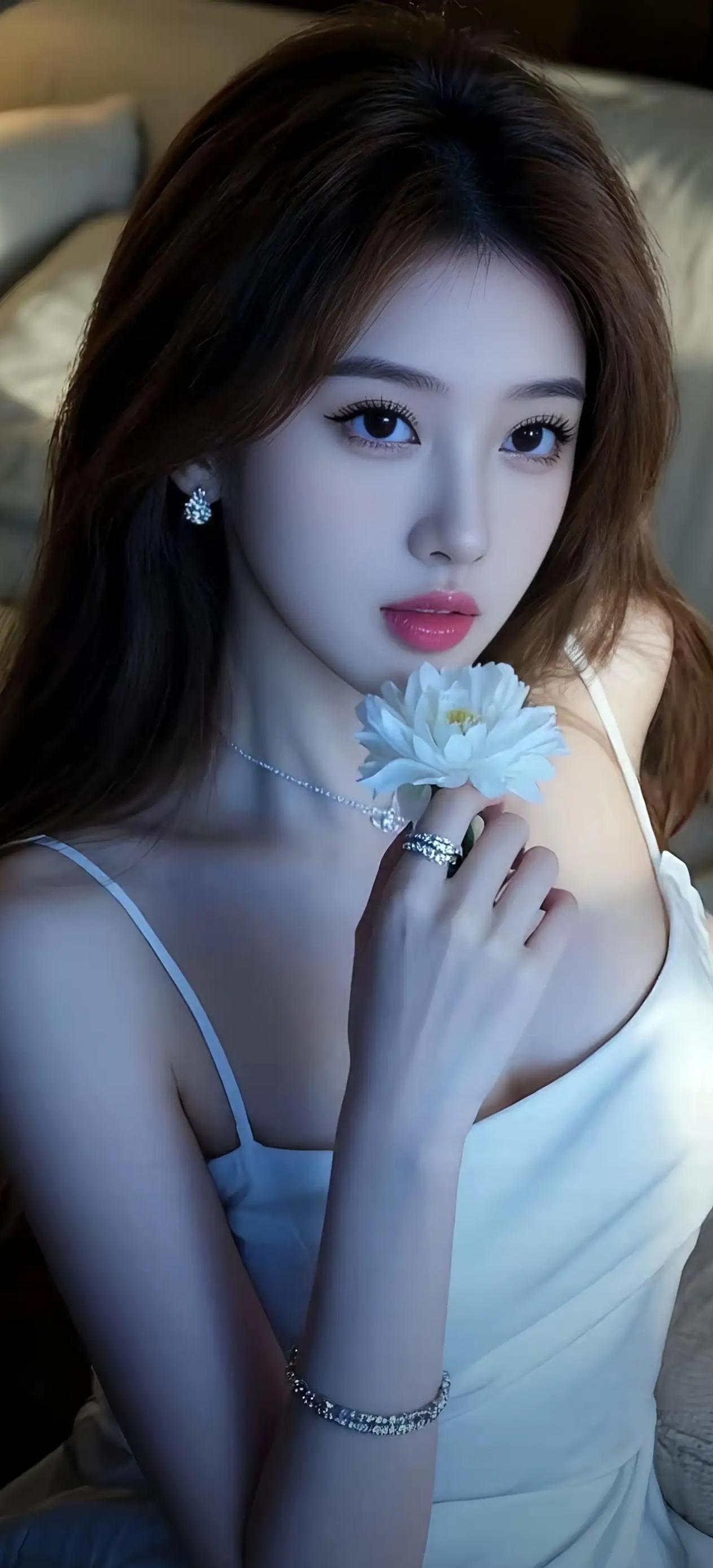 魅影翩跹夜未央，幽香暗度绕回廊。
轻纱半掩芙蓉面，玉指微挑琥珀光。
一笑倾城魂欲