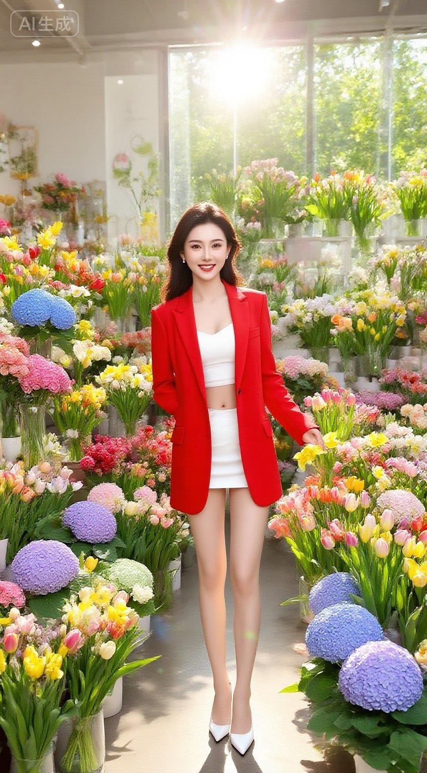 她站在花海中，笑得真灿烂！