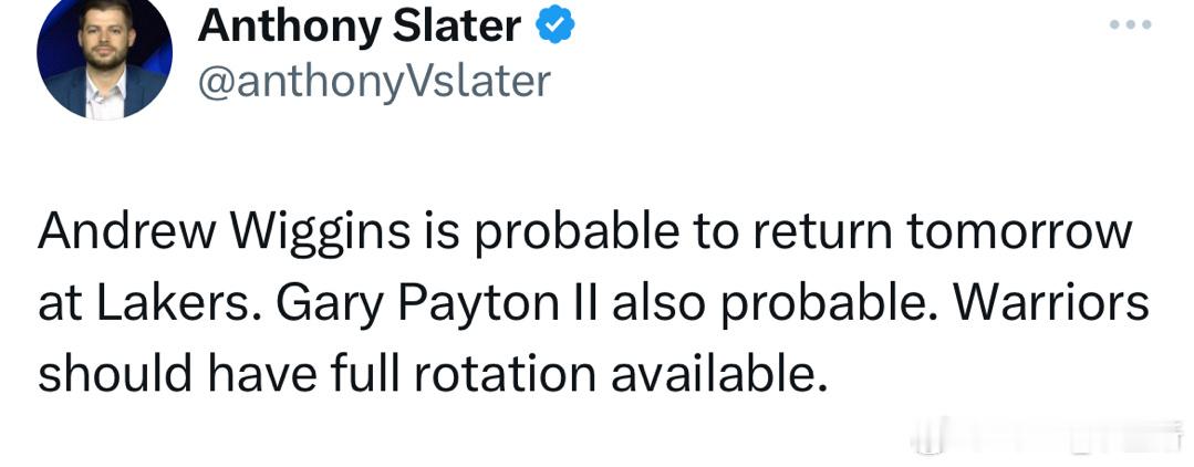 维金斯和小佩顿75%可能出战对湖人的比赛。#金州勇士[超话]##安德鲁维金斯[超