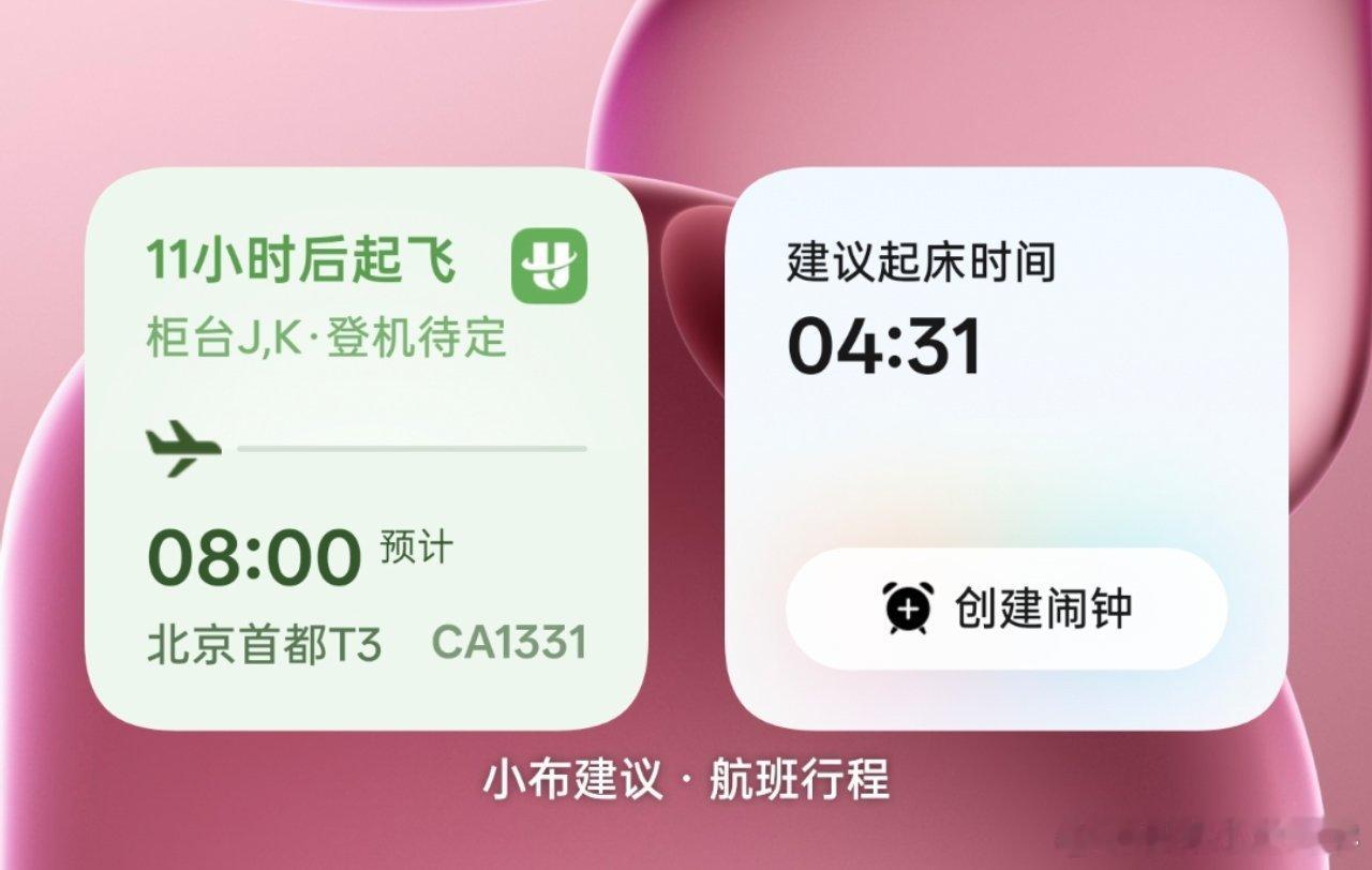 突然发现小布建议有一个根据航班时间的闹钟⏰提醒，这不比我自己算起床时间方便多了[