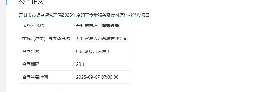 城市观察员开封市市场监督管理局2025年度职工食堂服务及食材原材料供应项目，金额