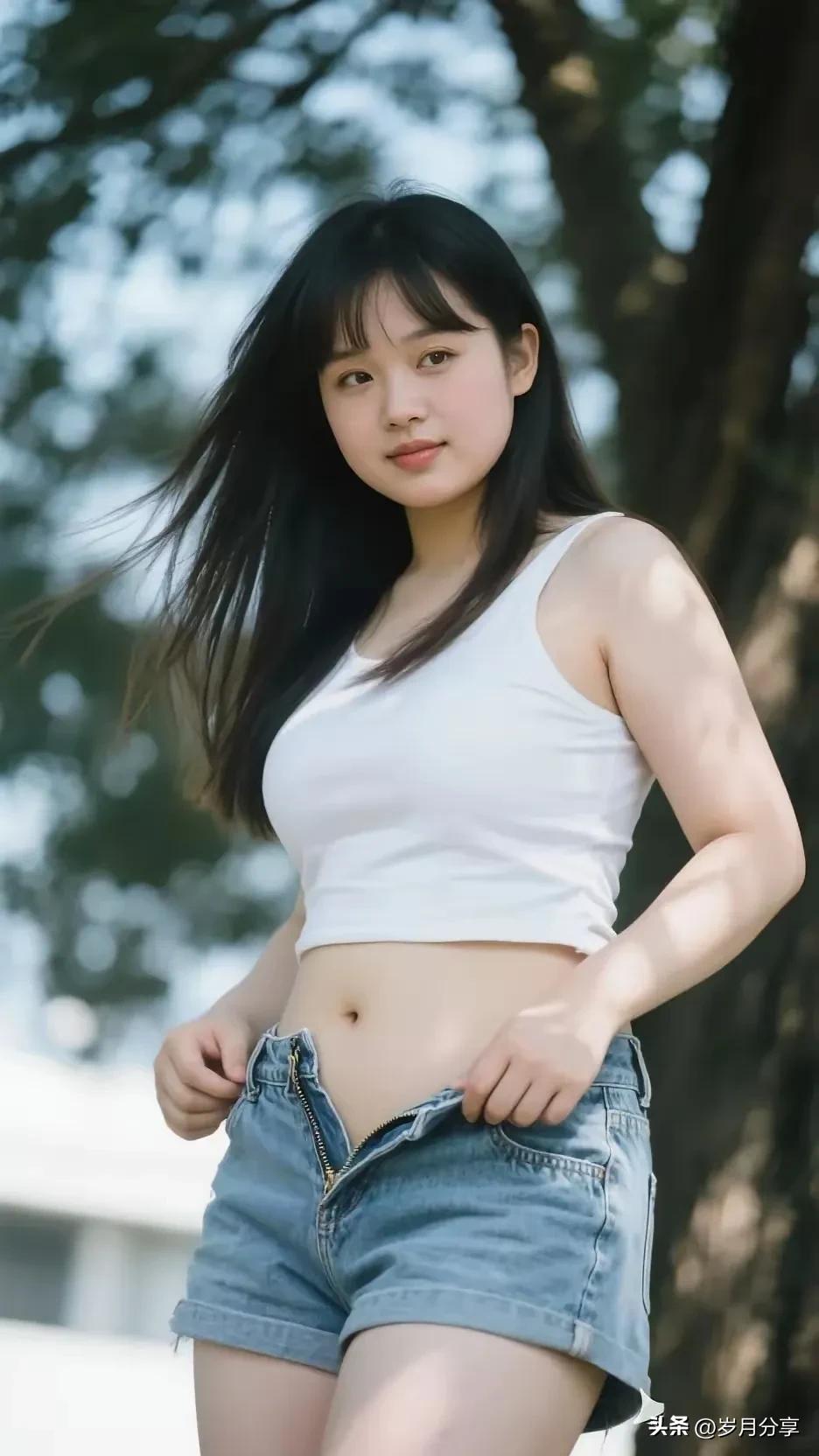 少女在大树底下乘凉，将裤子拉链滑下五寸，本意是凉快一下这个部位，但被远处有人偷看