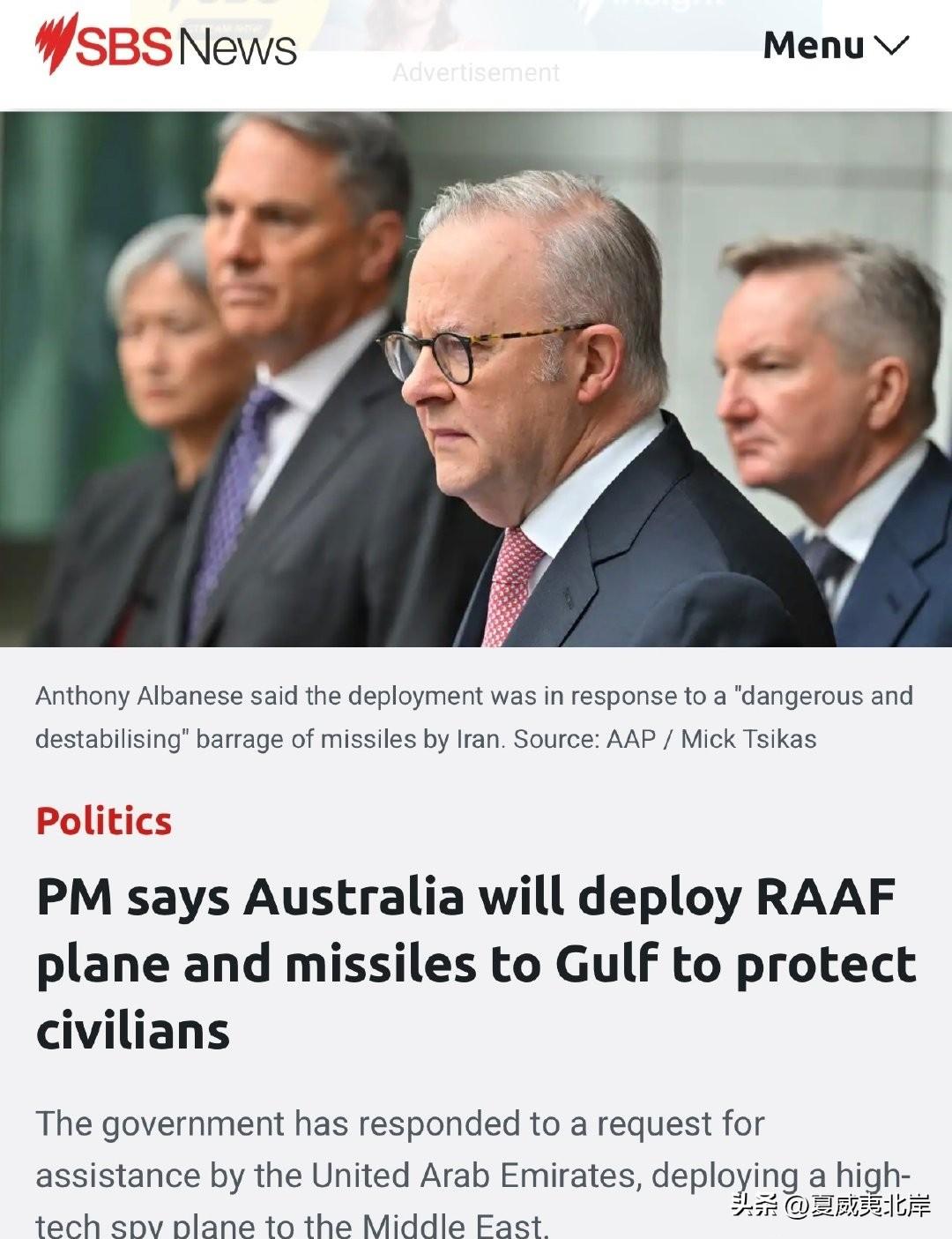 总理称澳大利亚将向海湾部署RAAF飞机与导弹，以保护平民。
 
Anthony 