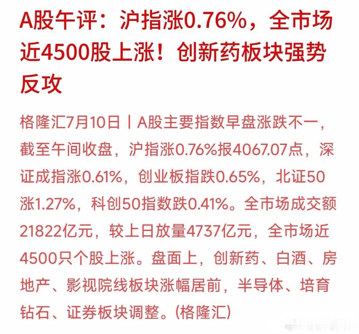 中午收盘，沪指大涨0.76%，站稳了4067点。最惊人的是两个数据：第一，全市场