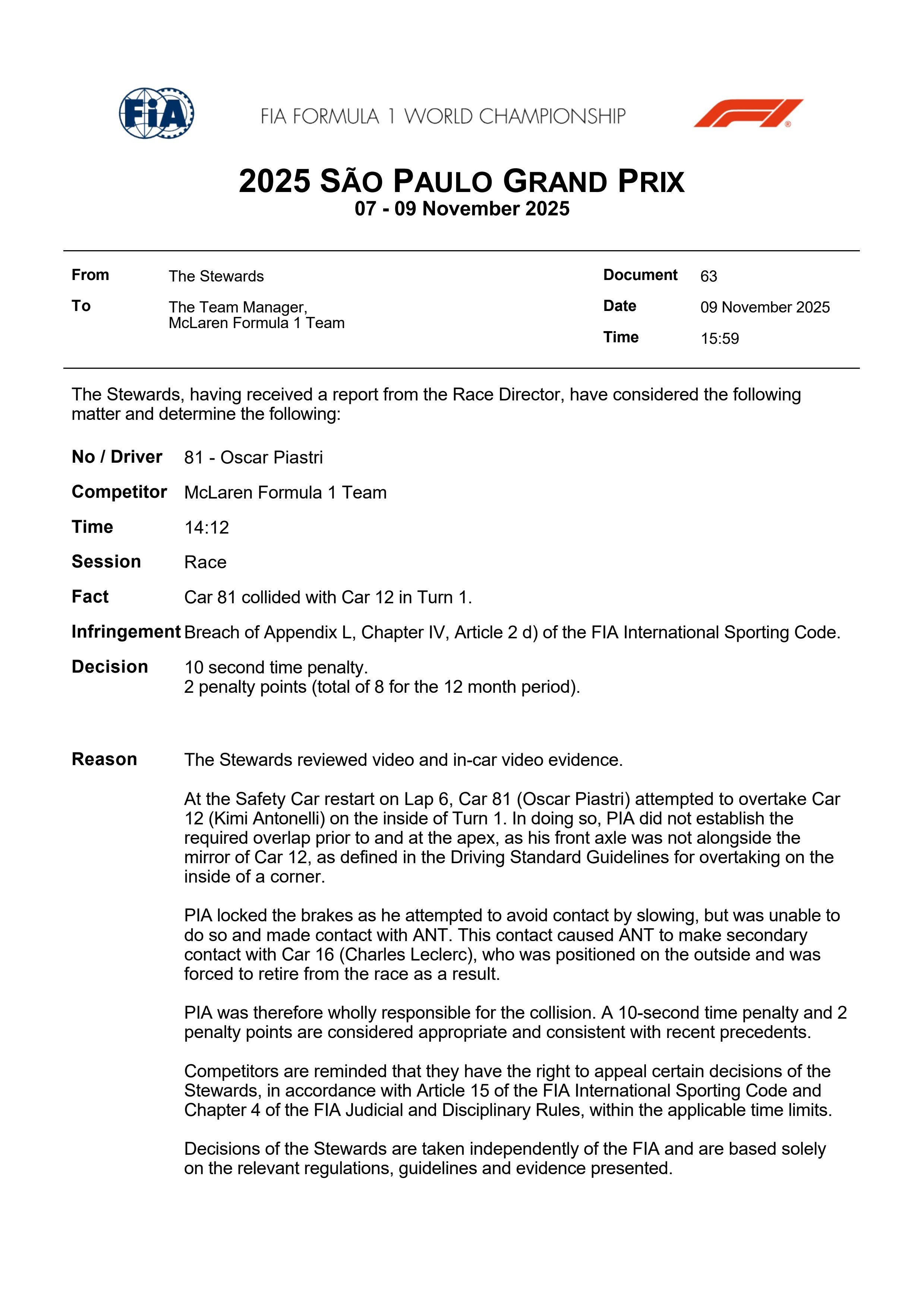 皮亚斯特里因为导致和安东内利的事故，在赛中被罚10秒，同时超级驾照扣2分皮亚斯特