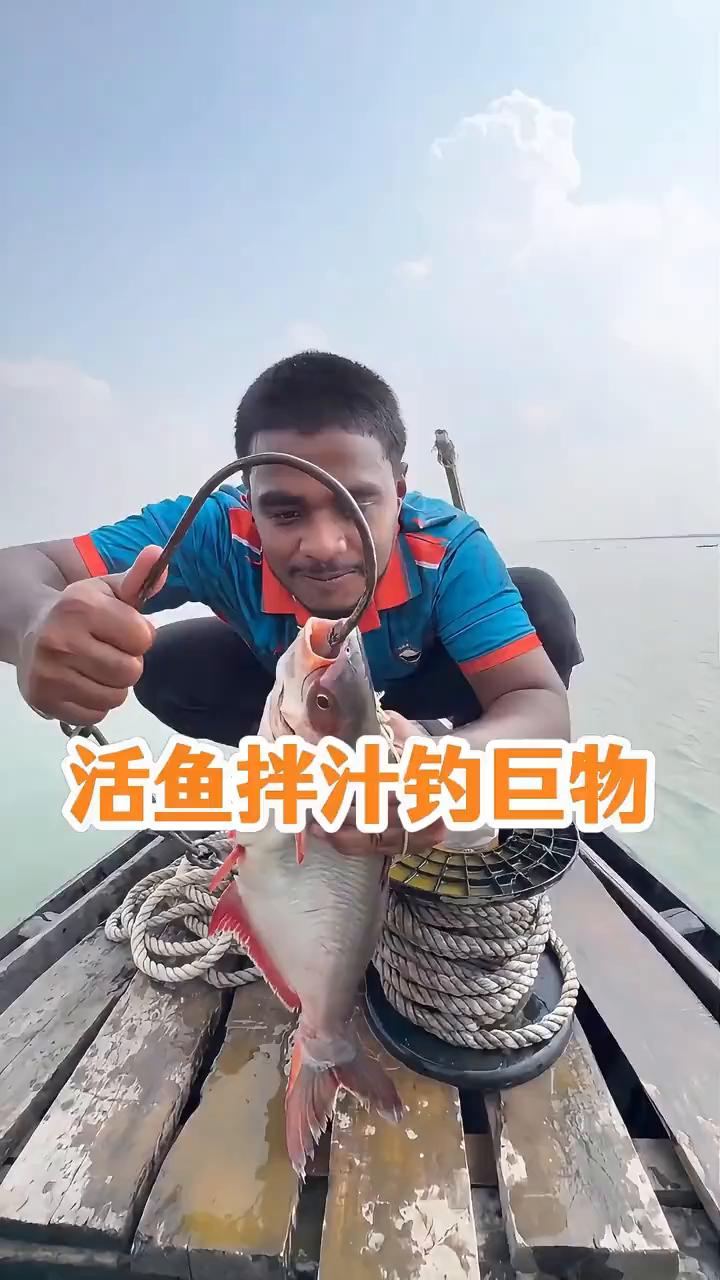 活鱼拌汁钓巨物。
渔民日常生活实拍。
注意看，男子刚钓上一条四五斤重的巴沙鱼，反