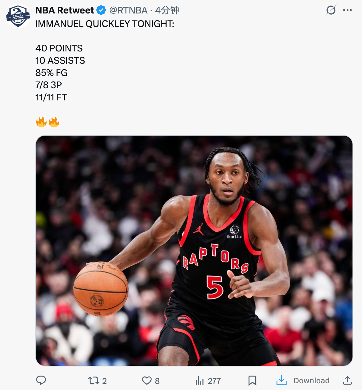 奎克利打出职业生涯最漂亮一战，40分10助攻，13中11，三分8中7，罚球11罚