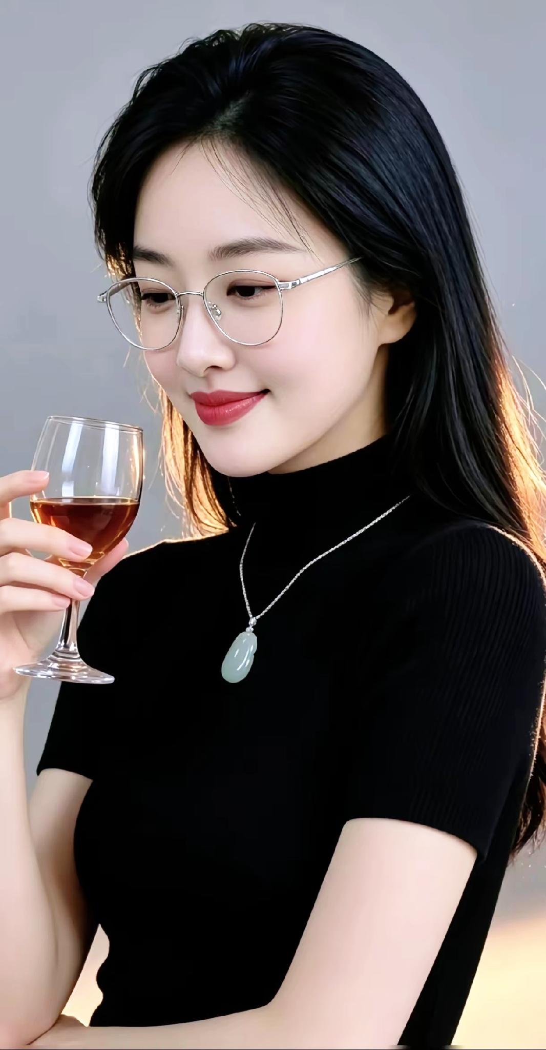优雅黑衣少女，轻抿红酒，享受宁静时光。