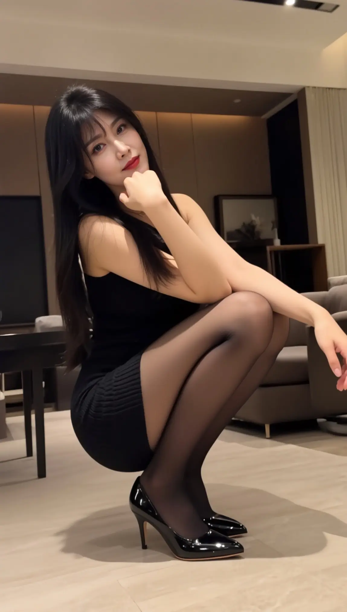 ai创作 黑裙蹲姿照