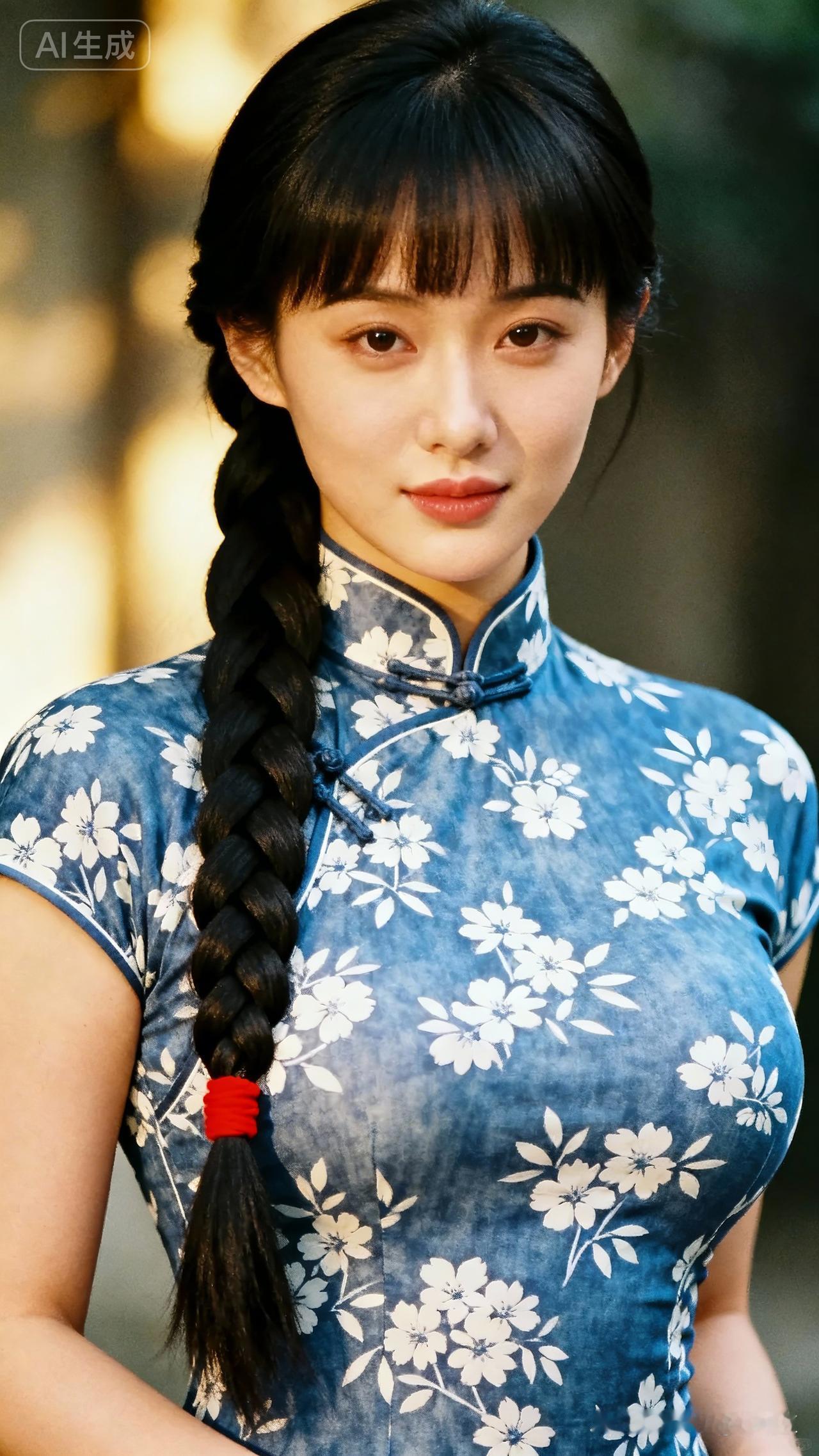 清新脱俗的蓝花旗袍，搭配精致的发辫，尽显东方古典美！