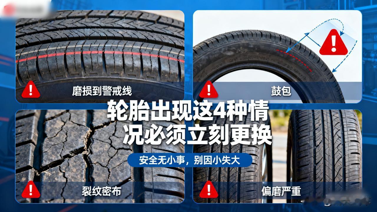 轮胎出现这4种情况，别犹豫，必须立刻更换！

磨损到警戒线、鼓包、裂纹密布、偏磨