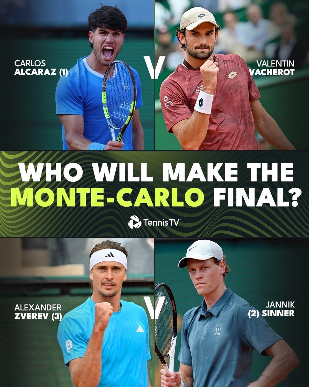 蒙特卡洛大师赛四强产生 双子星这次会有人掉队吗阿尔卡拉斯🇪🇸vs瓦舍罗🇲?