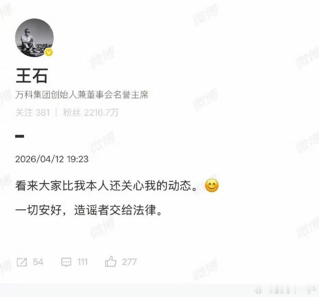 王石发博回应被抓传闻