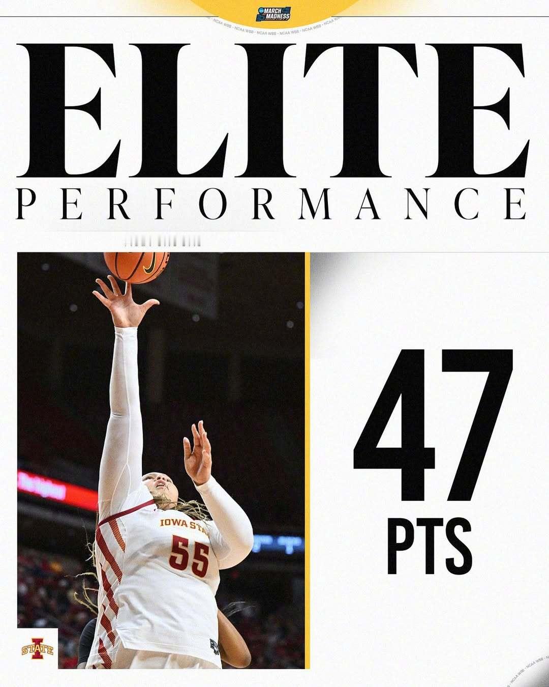 NCAA女篮巨无霸奥迪-克鲁克斯25投19中、罚球11中9，轰下47分4篮板，帮