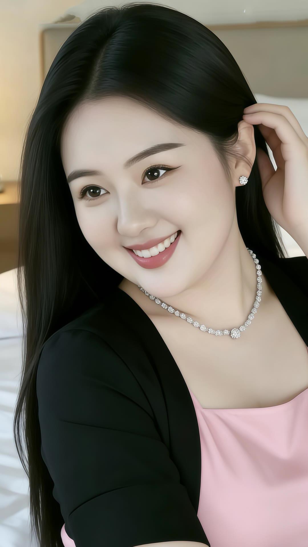 优雅气质，珍珠项链搭配黑色外套，甜美笑容，完美女神范！