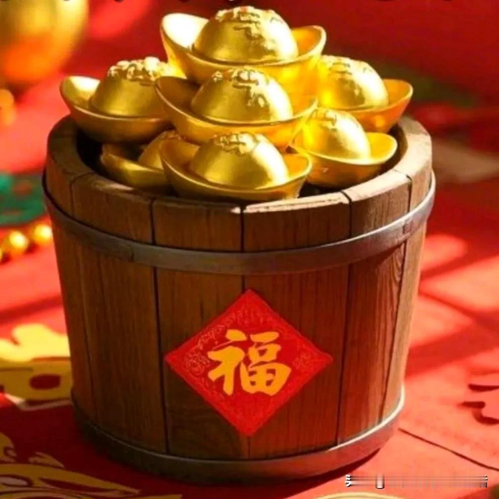 金元宝摆满福字桶，新年好运滚滚来！[招财进宝][招财进宝][招财进宝][玫瑰][