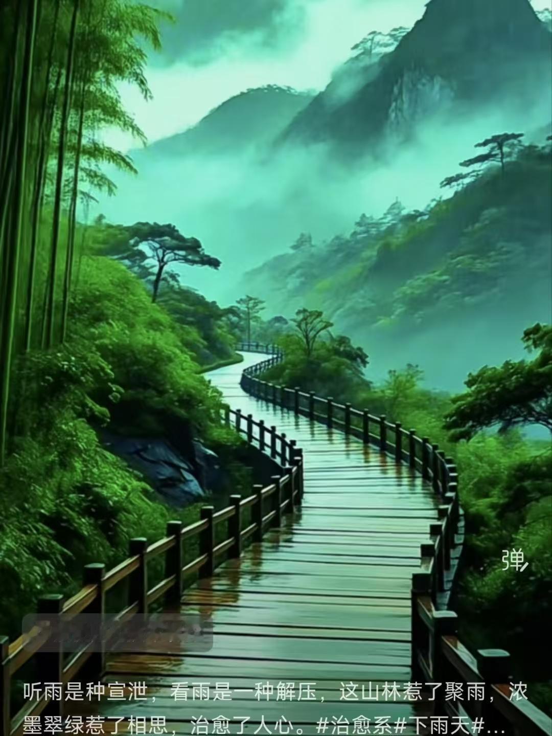 天净沙·山林听雨
浓林骤雨飞斜，
墨深翠润山家。
解意消愁自洽，
雨收风罢，
一