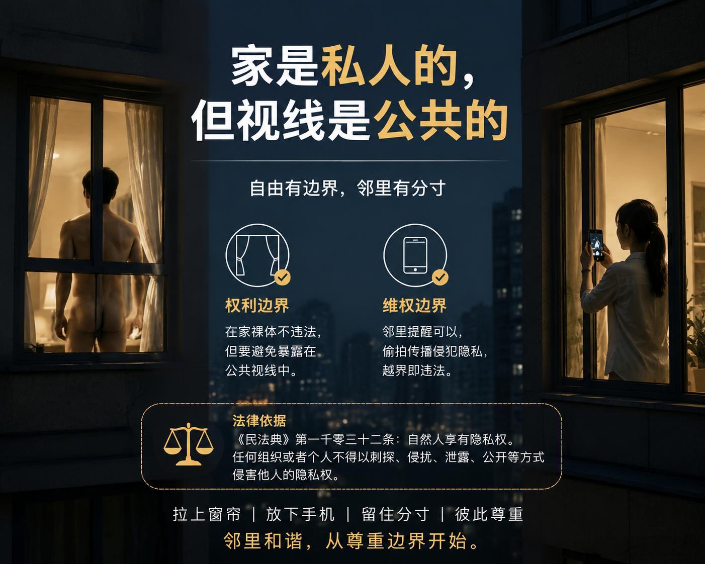 男子在家裸体被女邻居发群是谁错了这件事其实不复杂：在自己家里裸体，本身当然不等于