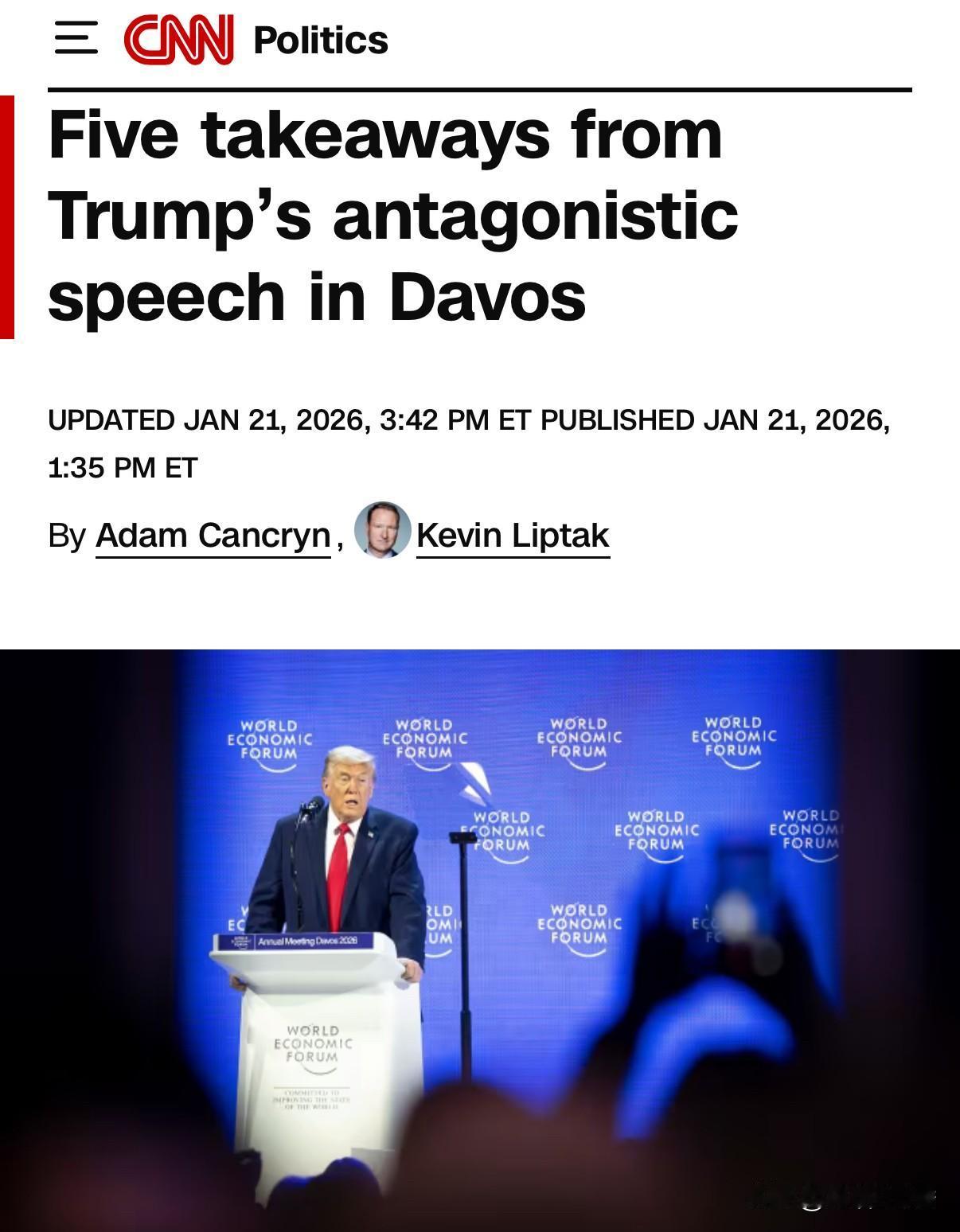 美媒称，川普在瑞士对商业大亨和政府官员发表的曲折、对立的演讲，这几乎无法解决西方