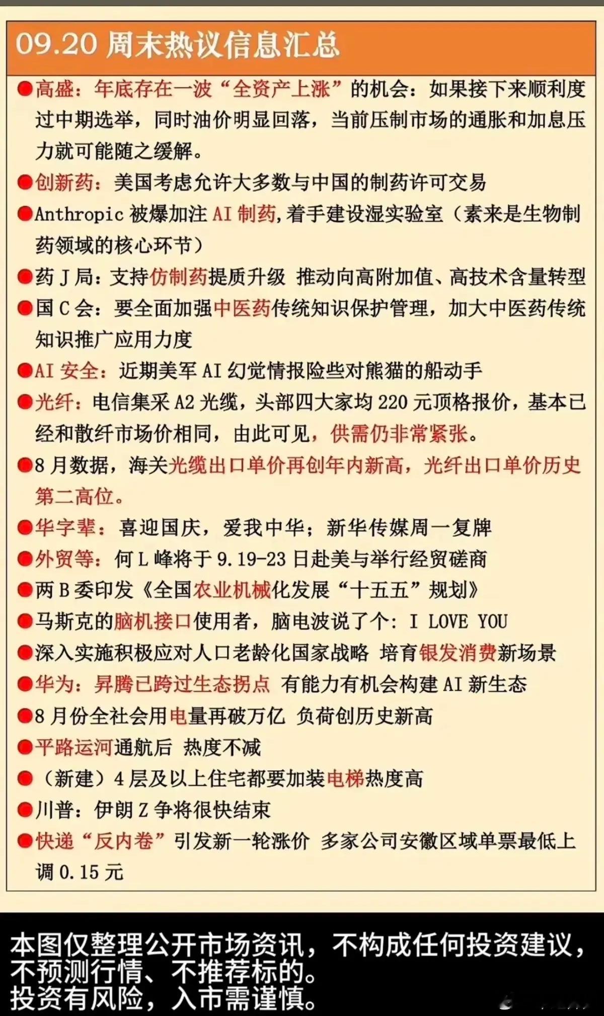 周末利好密集落地！9月21日盘前主线+人气龙头全梳理周末市场催化不断，多条产业利