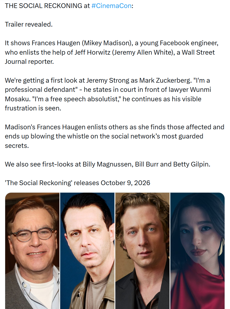 TNABO 索尼在CinemaCon推介大会上展示了艾伦·索金“社交网络”续集《