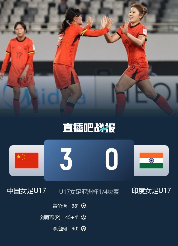 U17女足亚洲杯-中国3-0印度进世少赛 , 半决赛战朝鲜
3-0,中国U17女