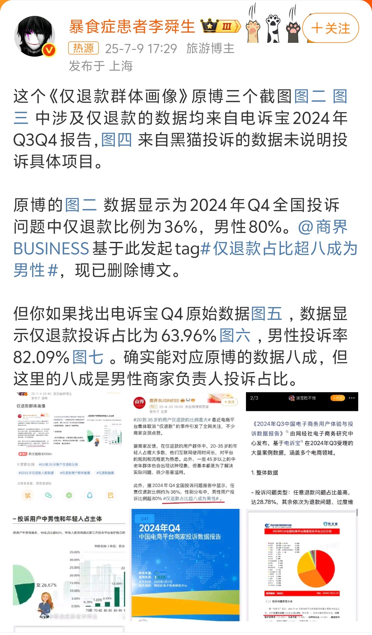 仅退款群体画像 仅退款比例最高居然是男性....该说不说，女孩子买衣服有退货率很