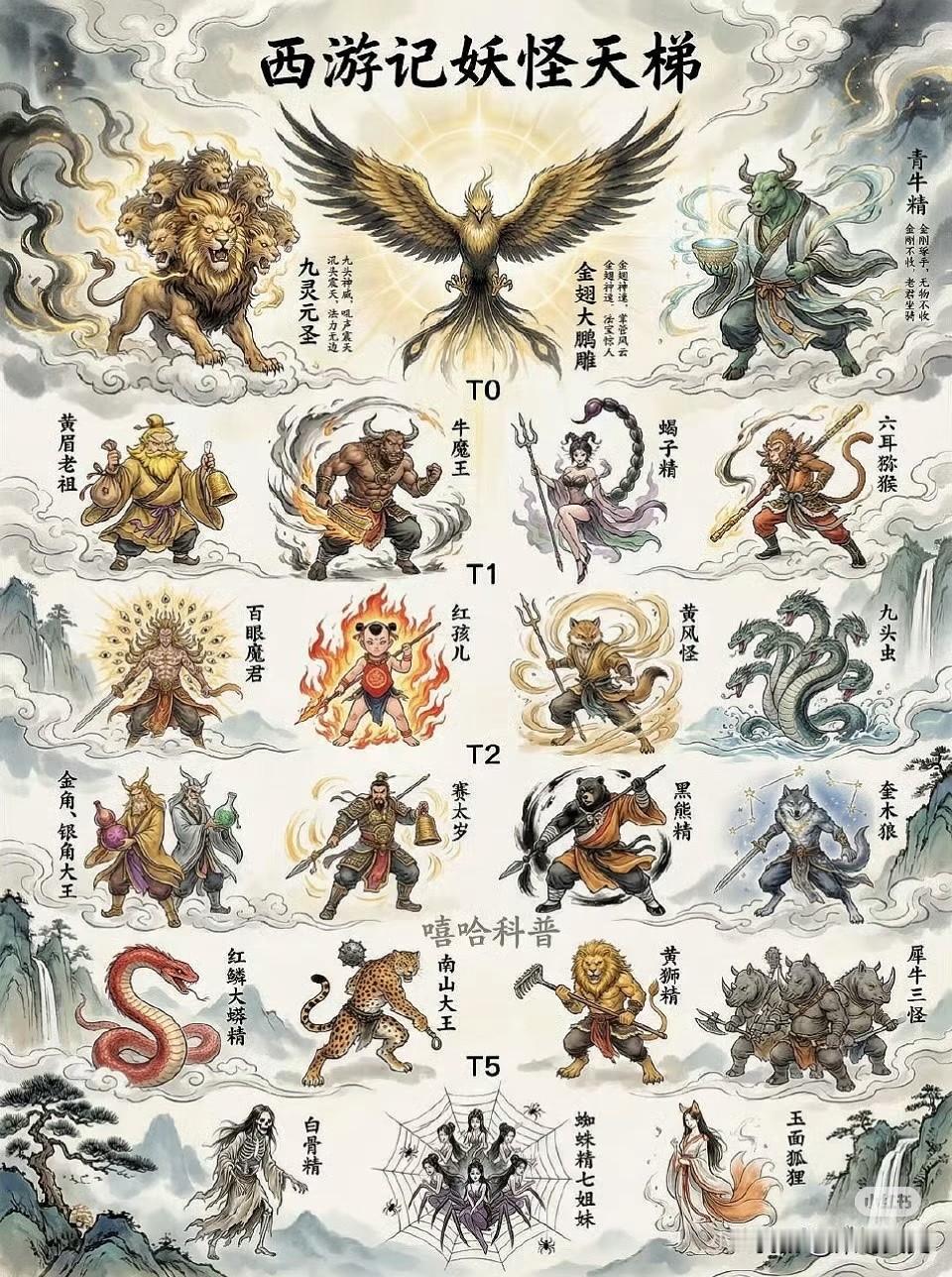 一张图看懂《西游记》妖怪战力天花板！从T0到T5，各路妖魔实力一目了然，谁是真正