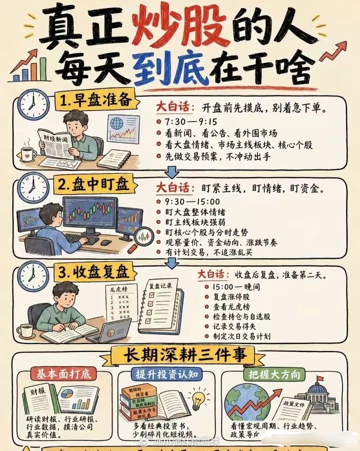 炒股新手指南：早盘准备、盘中盯盘、收盘复盘，长期深耕三件事。你们做到了吗？ 