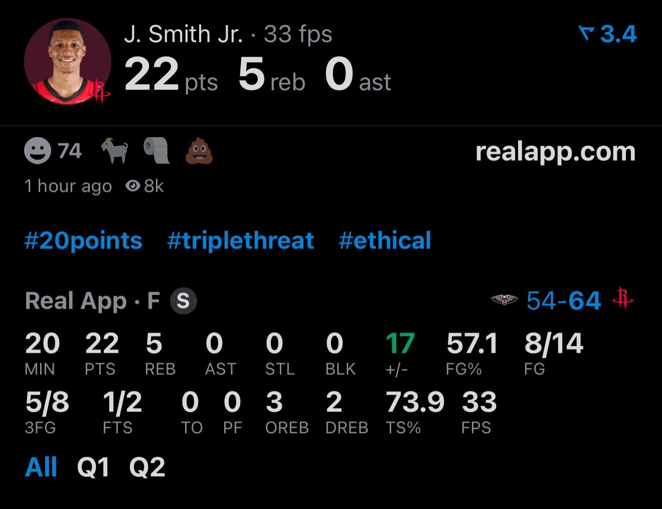 小贾巴里·史密斯半场5记三分射下22分，他生涯单场三分命中纪录就是5记，今天破纪