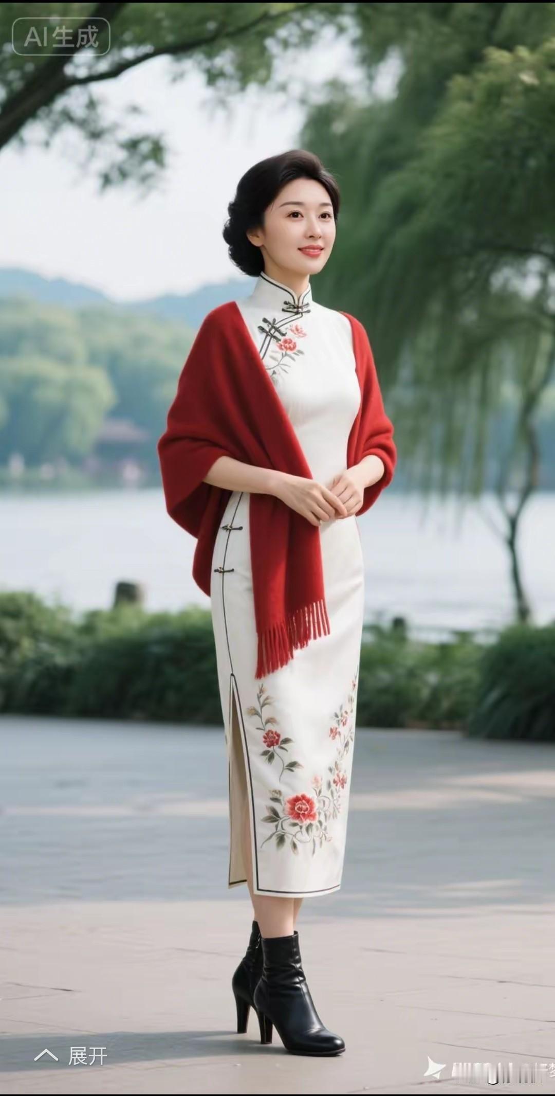 沉鱼落雁，闭月羞花
优雅旗袍，红白相映
出水芙蓉，韵味十足
花容月貌，梨花带雨