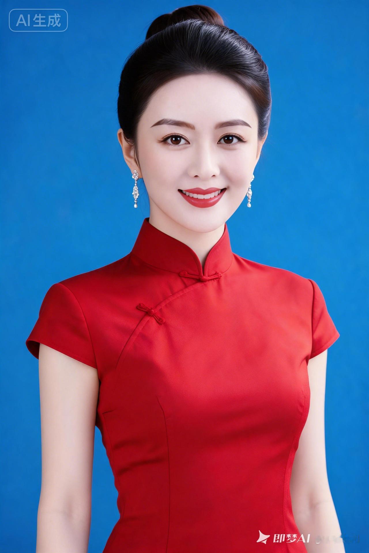 超高清美女图片。依服红色旗袍挺腰头发全部往后， 脸大眼高鼻梁，微笑清纯。读者观点