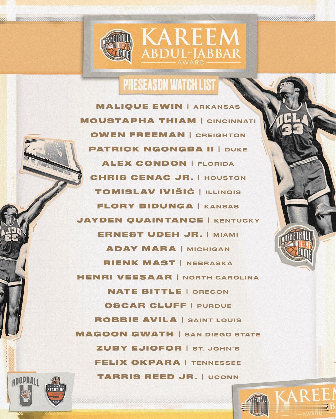 贾巴尔奖=年度最佳中锋，季前20人观察名单，仅有一位新生入选，2026年nba选