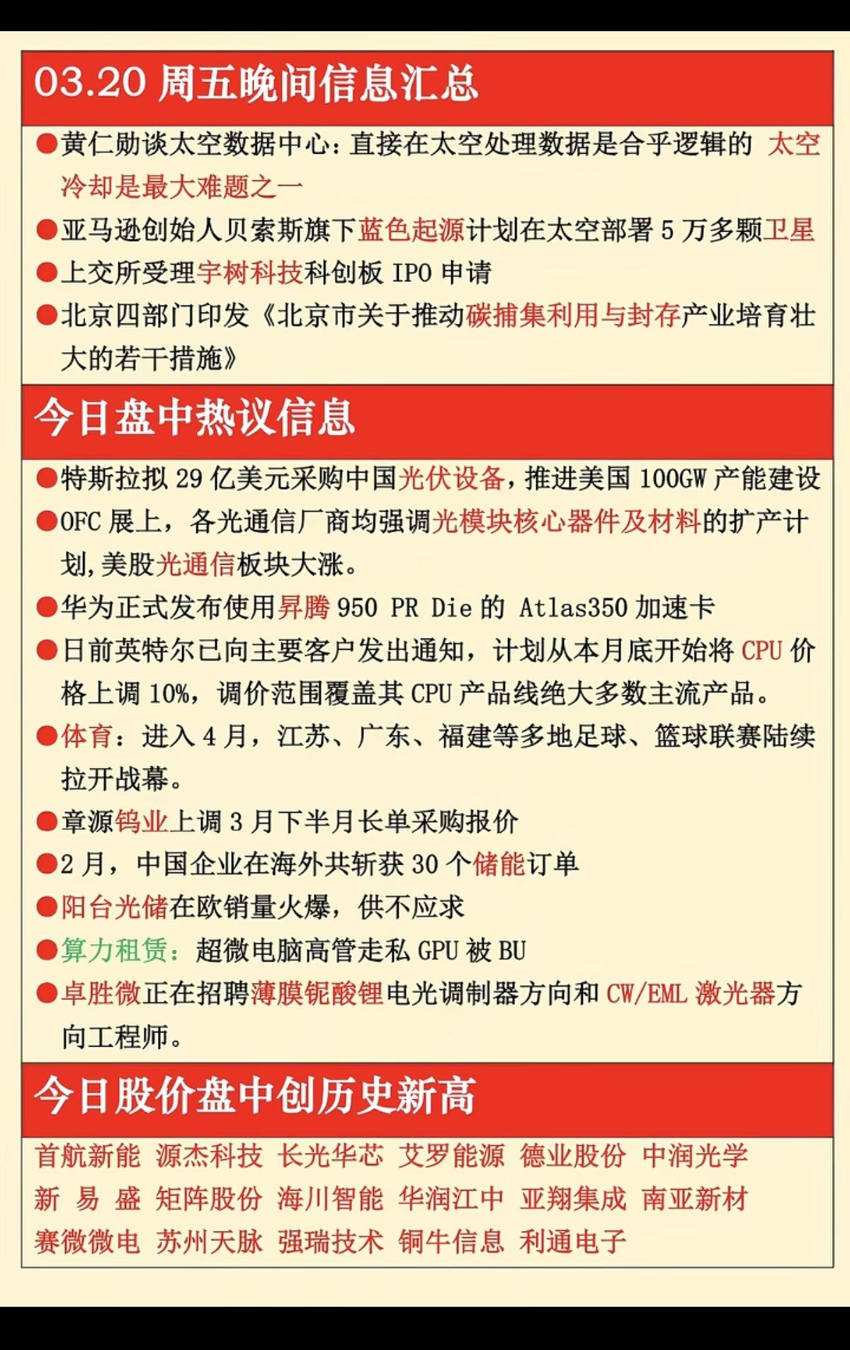 3.20周五  晚间  财经热点信息汇总！

1.太空冷却
2.宇树科技
3.特