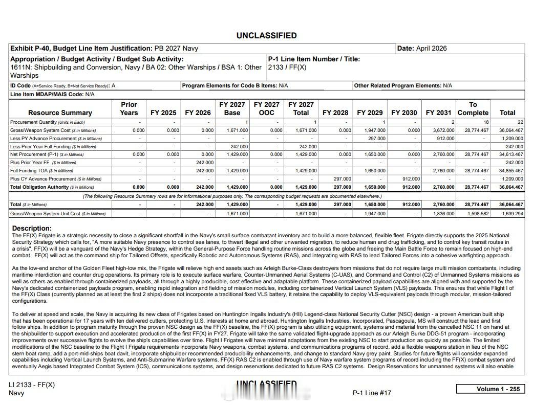 烽火问鼎计划  FF (X) 护卫舰的采购计划为：2027 财年采购 1 艘，2