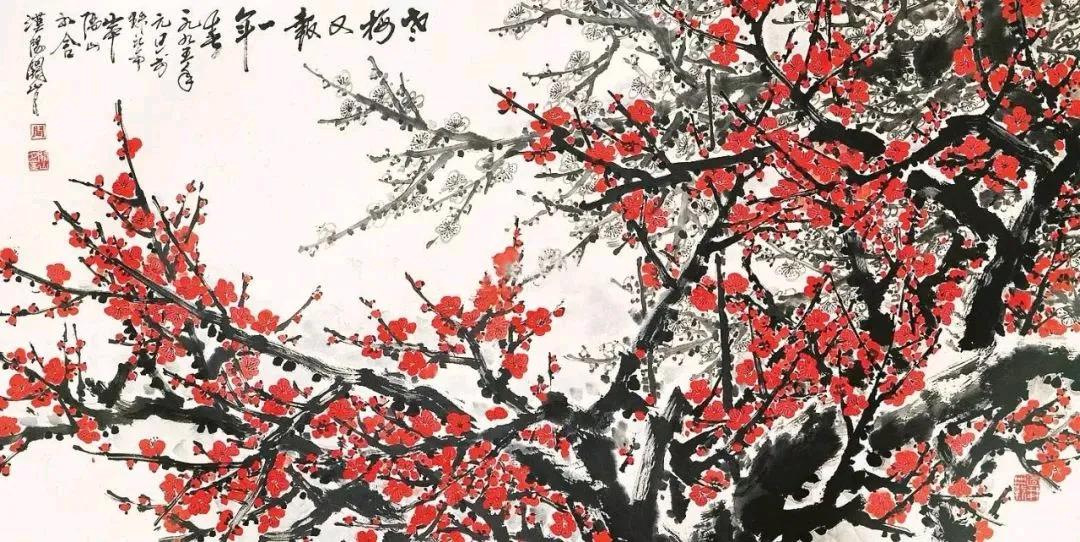 作者喜画梅，被誉为“当今画梅第一人”，他却自称只算艺坛“一朵花”。其作多为巨幅作